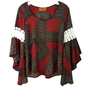 Voom by Joy Han Blouse Bell Sleeve Size XS Red Top Paisley Boho Flowy Crochet